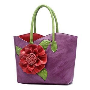 3D FLORAL Purple Red Green Leather Tote Shoulder Bag